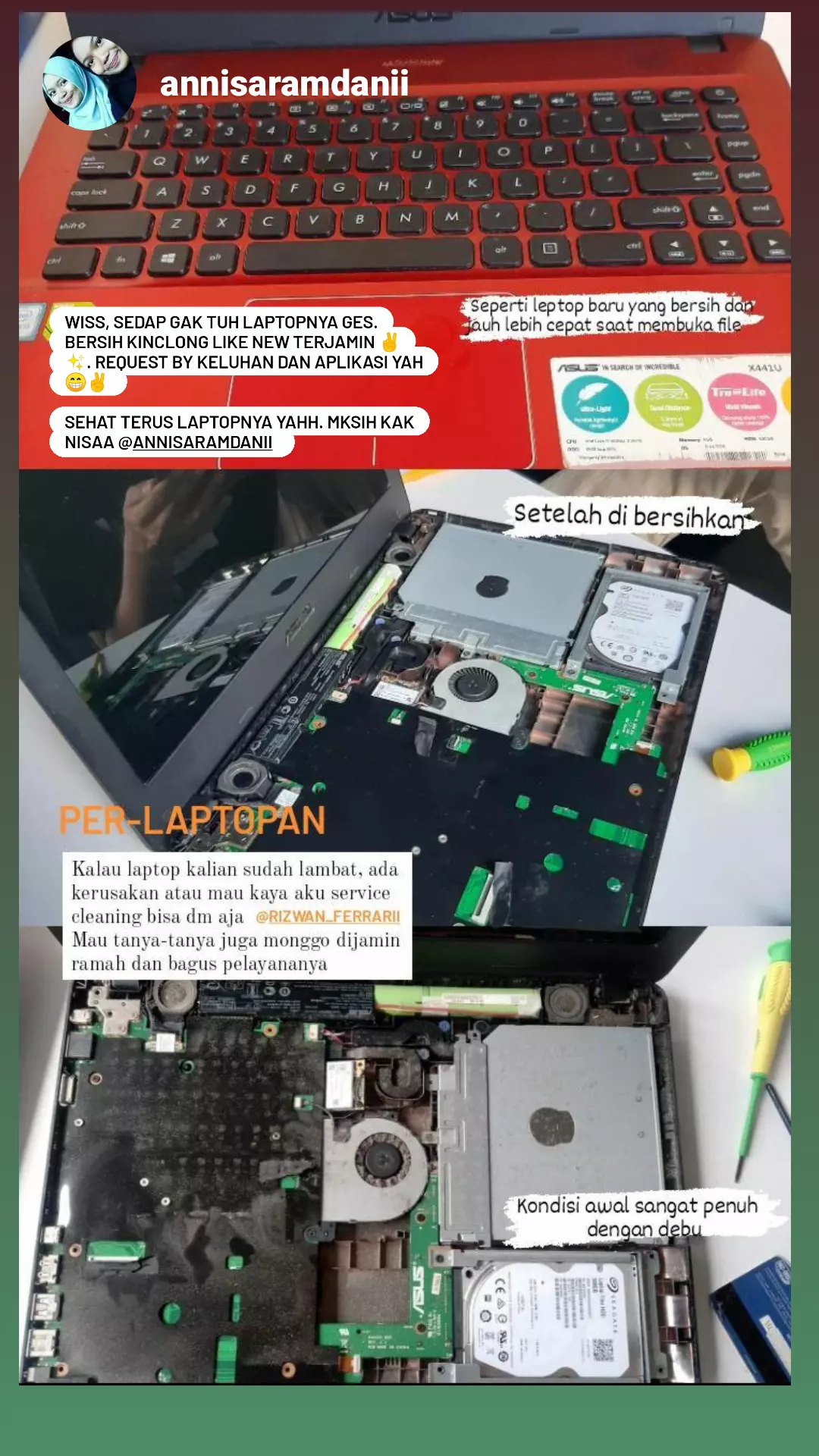 Ulasan pelanggan dan kondisi laptop sebelum serta sesudah dibersihkan