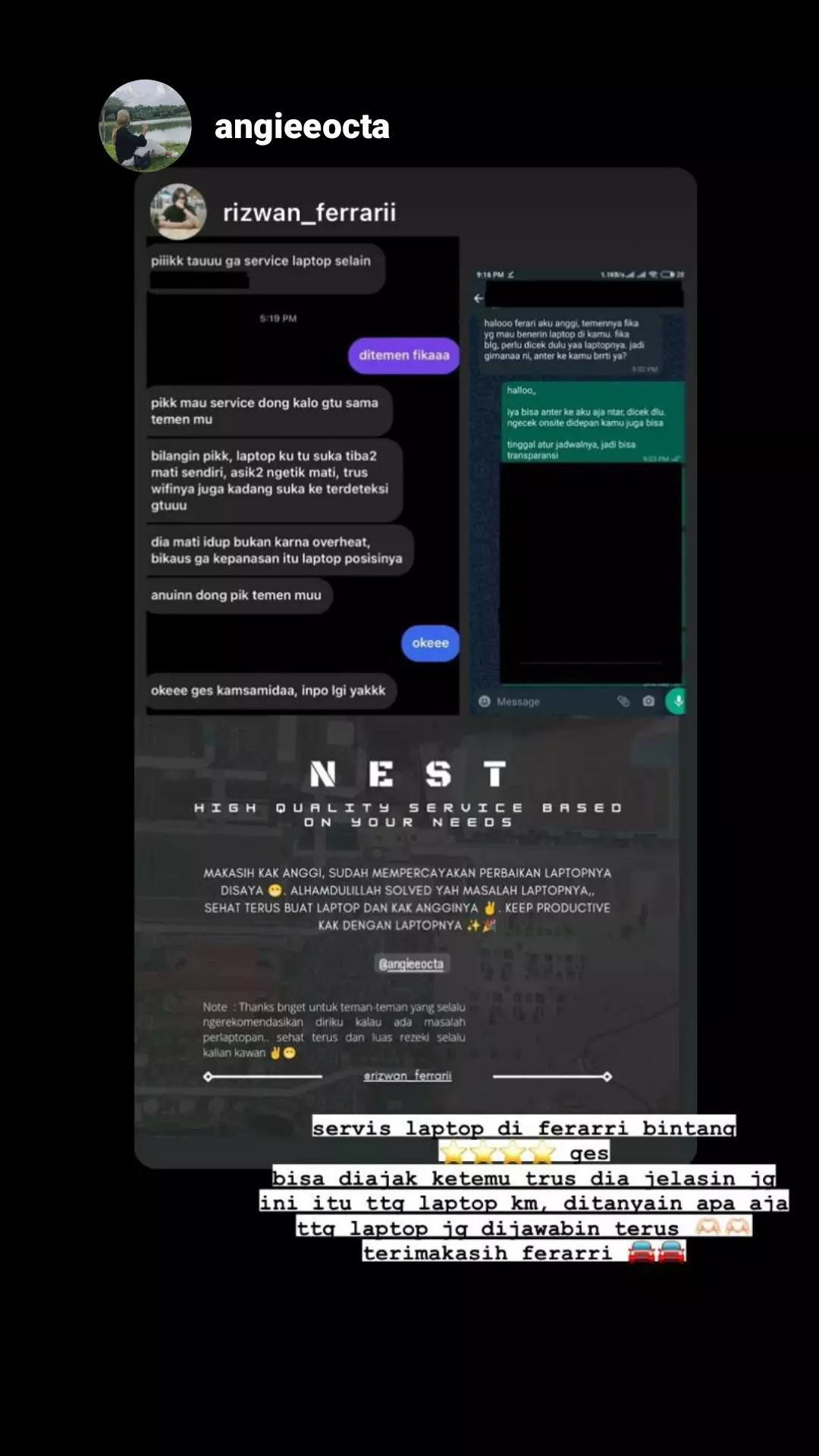 Percakapan dan ulasan pelanggan setelah masalah laptop ditangani
