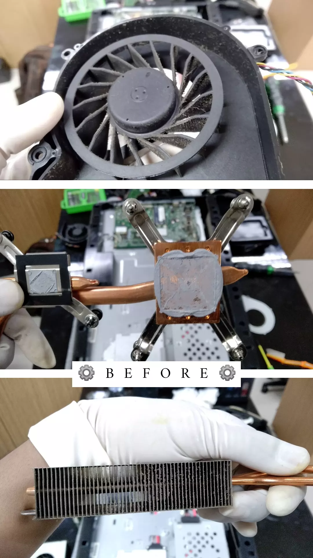 Kipas, heatsink, dan pasta termal sebelum dibersihkan